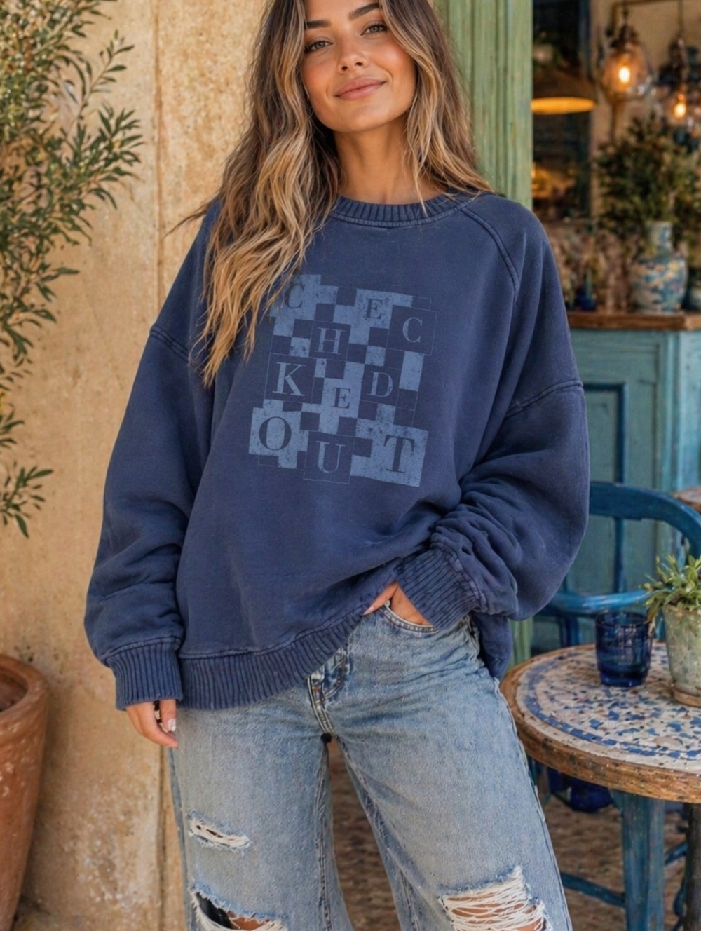 aerie💙"CHECKED OUT" navy pullover with white logo OVERSIZED Sz L